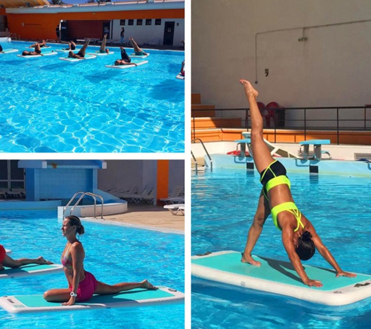 inflatable yoga swim mat on water